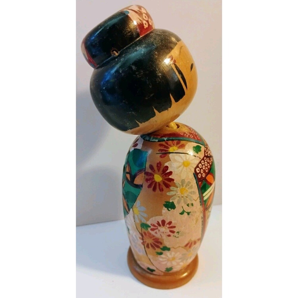 Vintage Japanese Kokeshi Bobblehead Doll Bank 8" Wood Painted Kimono Nodder - Picture 3 of 7